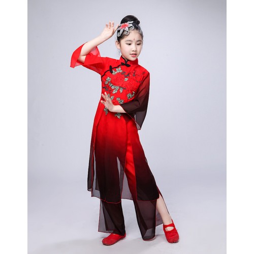 Girls kids Chinese folk dance costumes red colored ancient traditional yangko umrella fan dresses fairy stage performance tops and pants